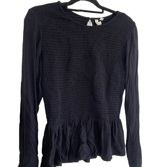 Treasure & Bond Smocked Peplum Long Sleeve Blouse Black Medium - Picture 1 of 6